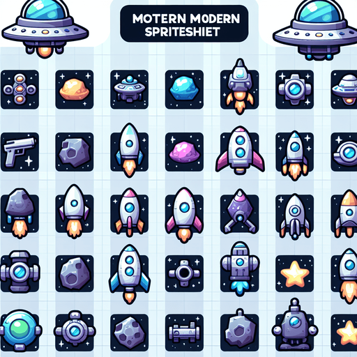 Spritesheet, modern, mobile game, cute, fun.
Including spaceships, UFOs, Guns, Boosters, Powerups, Asteroids..
In-Game asset. 2d. Blank background. High contrast. No shadows.