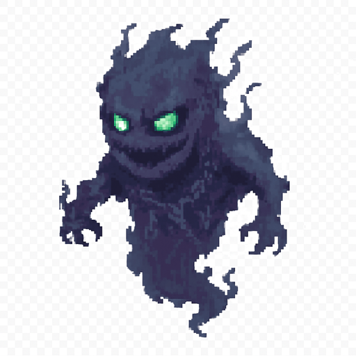 Create a pixel-art ghostly character based on the Turkish folklore concept of a "cin" (djinn). The character should have a semi-transparent, smoky body with ethereal, shifting edges. Its face should be menacing, with glowing green or blue eyes and a faint, wicked smile. Add small, broken chains or mystical symbols faintly visible on its body to suggest it was once sealed. It should be levitating, with ghost-like movement and a cursed aura. The color palette should include shades of dark blue, purple, and gray. 2D horror game style, PNG with transparent background, idle or float animation frame..
In-Game asset.  2d.  High contrast.  No shadows