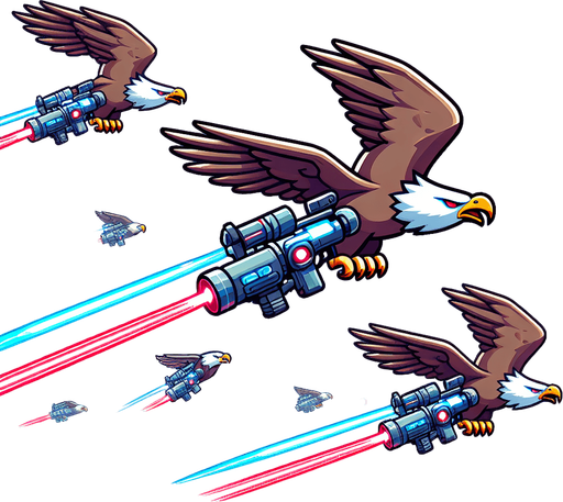 Eagles flying with laser guns..
Single Game Texture.  In-Game asset.  2d.  Blank background.  High contrast.  No shadows