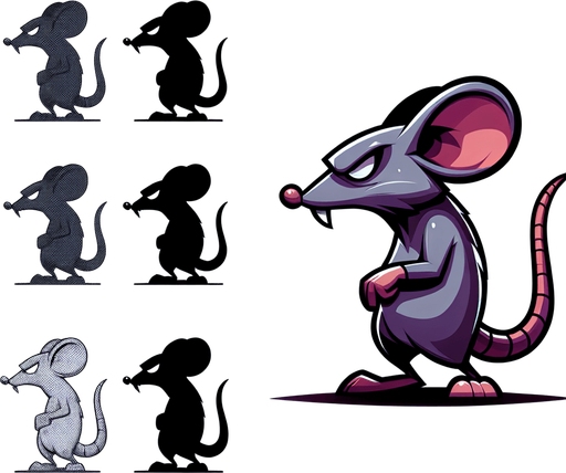 Evil Mouse, side view, cartoon, center Single Game Texture. In-Game asset. 2d. Blank background. High contrast. No shadows.