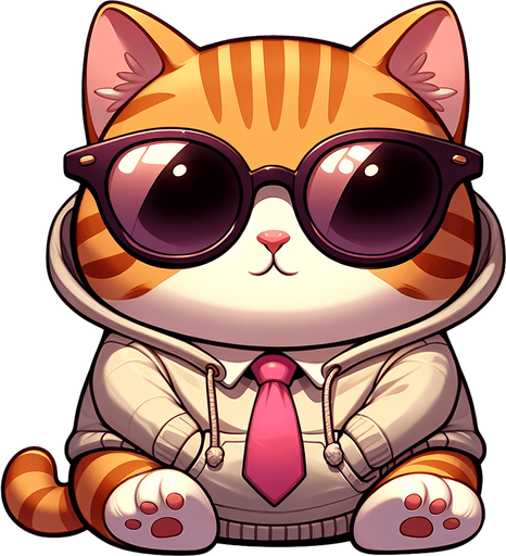 The feminine character is depicted as a cartoon-style, orange tabby cat with noticeable stripes. It features a round face, shielded by oversized, round, dark opaque sunglasses, and a physique that's charmingly smaller than its head, creating a cute, chubby look. This cat is casually dressed in a simple, light-colored hoodie with a drawstring. Unique to this character, however, is a whimsical twist—a pink tie is playfully worn on its head like a hat, adding a quirky and endearing element to its appearance. Positioned comfortably with its paws in front, the cat maintains a relaxed posture. The overall style is engagingly playful and whimsical, perfectly suited for a casual mascot or a protagonist in a children's book. The pink tie, worn in such an unconventional manner, subtly emphasizes the cat's creative and fun-loving nature, making it even more captivating and endearing..
Single Game Texture. In-Game asset. 2d. Blank background. High contrast. No shadows.
