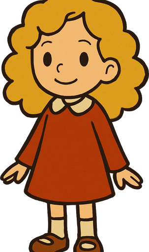 Cute little 7yo girl with blonde curly hair. Professor Layton game style 
In-Game asset.  2d.  High contrast.  No shadows