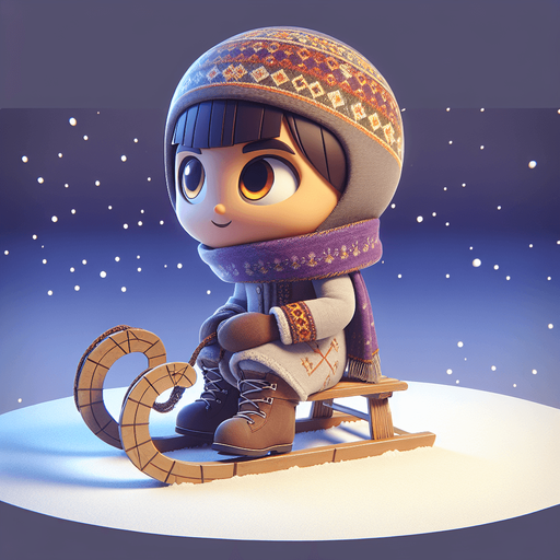 Little girl on a sledge, cartoon, winter, sideview, evil, winter boots Single Game Texture. In-Game asset. 2d. Blank background. High contrast. No shadows.