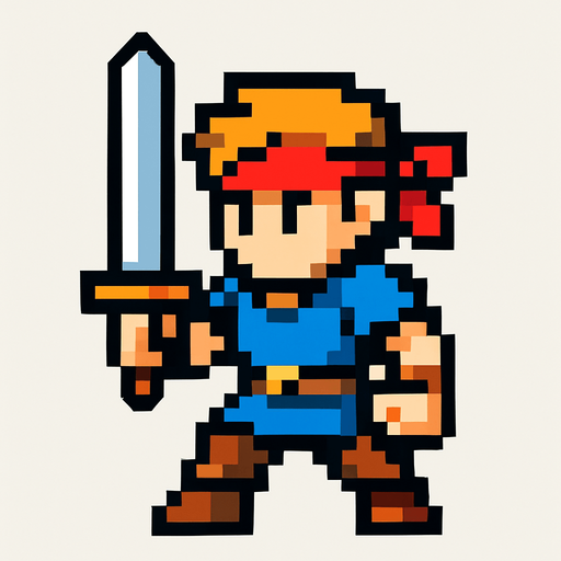 2d hero swordsman pixel sprite.
In-Game asset.  2d.  High contrast.  No shadows