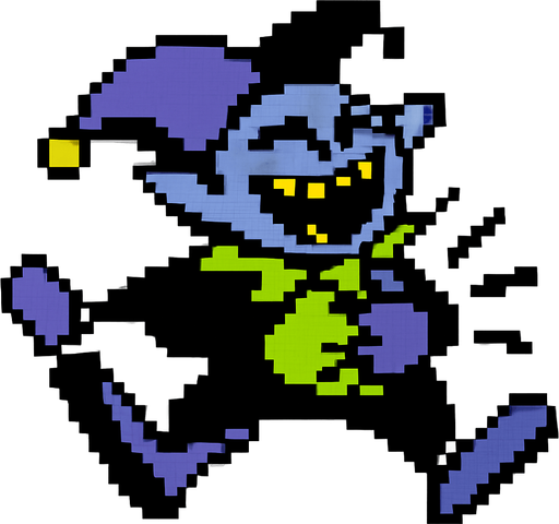 Jevil de deltarune capitulo uno siendo golpeado en el estomago echandose un poco para atras aunque con una risa loca en su rostro (pixeleado con fondo blanco).
In-Game asset.  2d.  High contrast.  No shadows