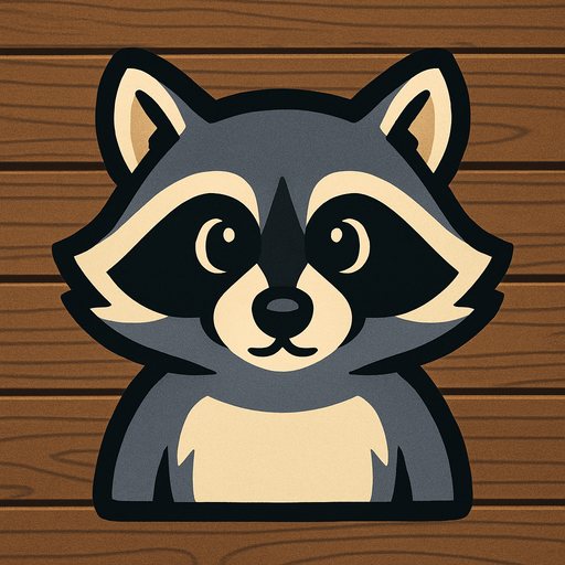 Racoon image with wooden background.
In-Game asset.  2d.  High contrast.  No shadows