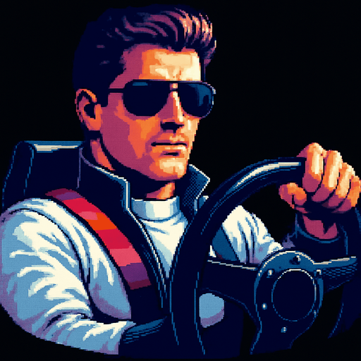 charater holds the steering wheel with one hand