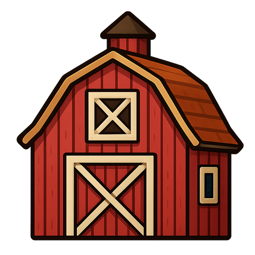 Barn.
Single Game Texture.  In-Game asset.  2d.  Blank background.  High contrast.  No shadows