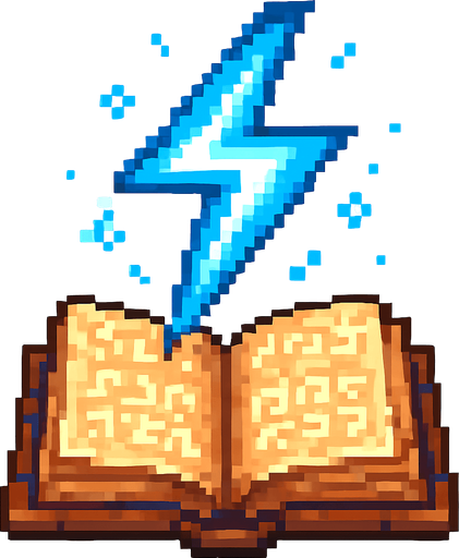 "2D pixel art of a glowing blue lightning bolt symbol emerging from an open magical spellbook. The book has ancient, worn covers and glowing runes on its pages. The lightning symbol floats above the book, made of bright blue magical energy, crackling with small sparks. It glows vividly, suggesting power and electricity. Designed in classic 16-bit fantasy RPG style. Transparent background.".
In-Game asset.  2d.  High contrast.  No shadows