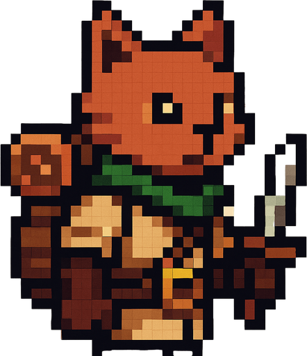 cat human, pixel art, half, adventurer.
In-Game asset.  2d.  High contrast.  No shadows