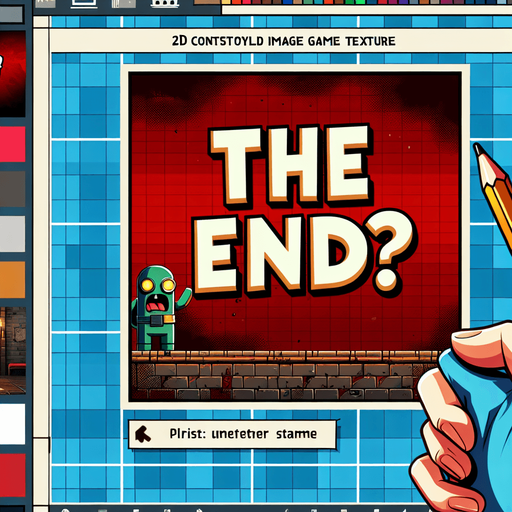 cartoon "The End?" text.
Single Game Texture. In-Game asset. 2d. Blank background. High contrast. No shadows.