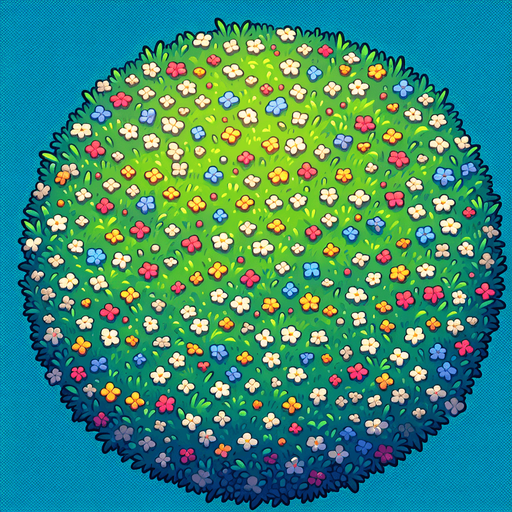 a lush meadow full of tiny flowers. top-down view.
Single Game Texture. In-Game asset. 2d. Blank background. High contrast. No shadows.