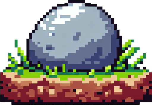 Pixel art boulder with dirt and blades of grass around the bottom. No ground or background.
Single Game Texture. In-Game asset. 2d. Blank background. High contrast. No shadows.