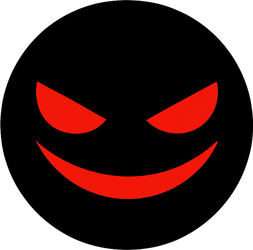 a black circle that is dark and evil and has red eyes and an evil smirk.
In-Game asset.  2d.  High contrast.  No shadows