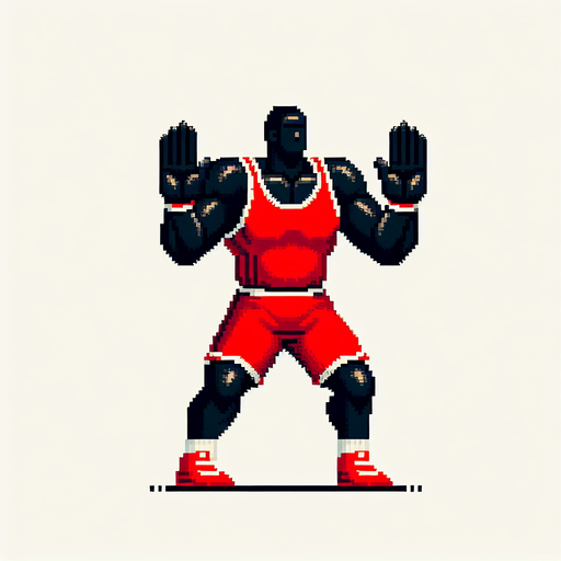 Tall, bulky, black male holding hands up trying to defend a basketball shot. Basketball player is wearing red shorts with a red jersey. The basketball is not present in the image. 8-bit art style..
Single Game Texture. In-Game asset. 2d. Blank background. High contrast. No shadows.