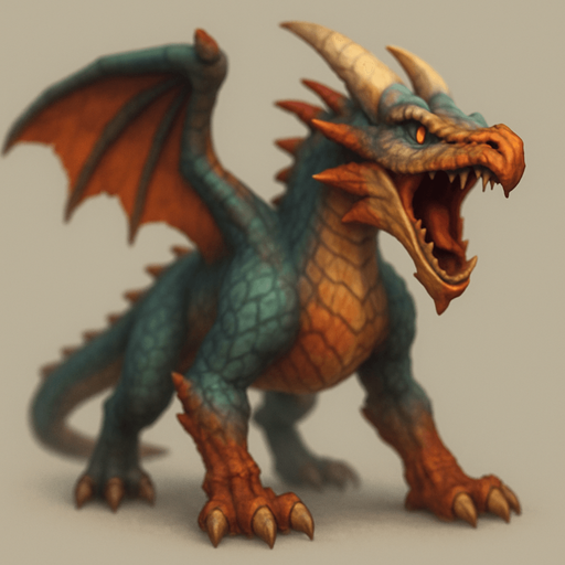 Different standing dragon on four legs, looking down. have mixed colors. Blur. the dragon is opened mouth like he is ready to shout. 
Single Game Texture. In-Game asset. 3D. Blank background. High contrast. No shadows.