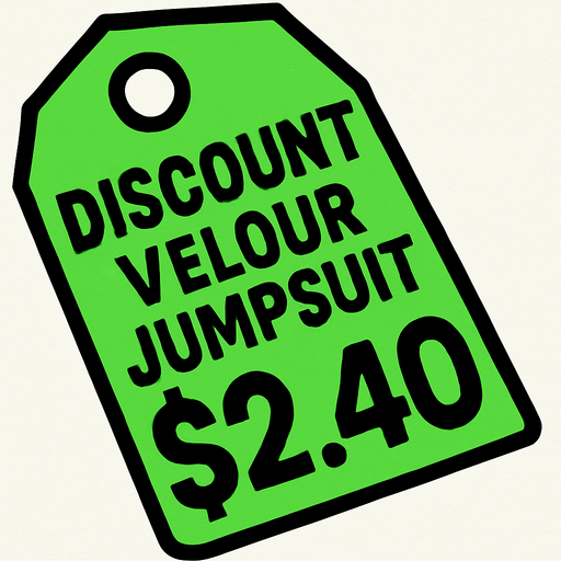 green price tag that says discount velour jumpsuit $2.40.
In-Game asset.  2d.  High contrast.  No shadows