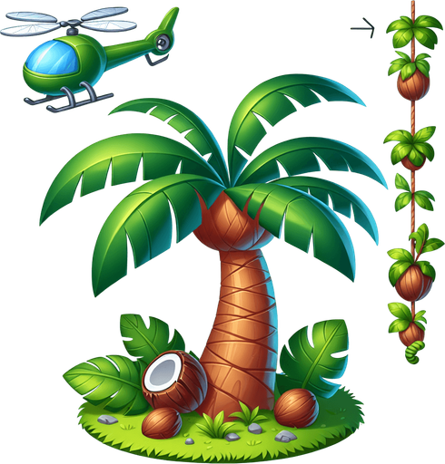 Design a cartoon-style palm tree or jungle vine obstacle for a helicopter game. The palm should have a curved trunk, big floppy leaves, and maybe coconuts. The vines can hang or swing. Make it playful and jungle-themed.