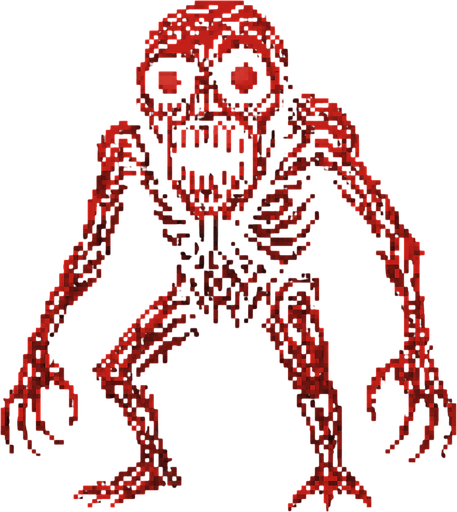 Make a horrifying 8 bit monster that is very scary and disturbing.
In-Game asset.  2d.  High contrast.  No shadows