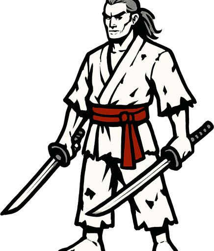 A white-clothed male samurai with torn clothes, long gray hair tied back, pale skin, red belt on his waist, holding two swords, standing confidently, simple pose, no background, front-facing, 2D game character.
In-Game asset.  2d.  High contrast.  No shadows