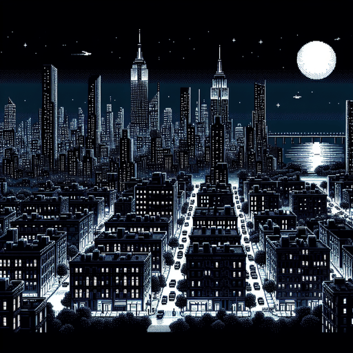 8 bit image city of newyork with black sky night.
Single Game Texture.  In-Game asset.  2d.  Blank background.  High contrast.  No shadows