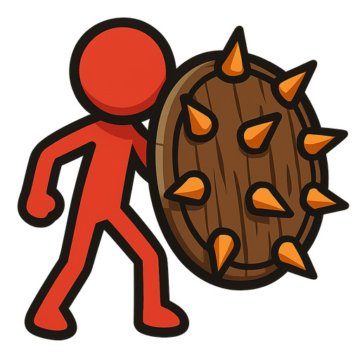 Red stickman with a big wooden shield full of spikes.
In-Game asset.  2d.  High contrast.  No shadows