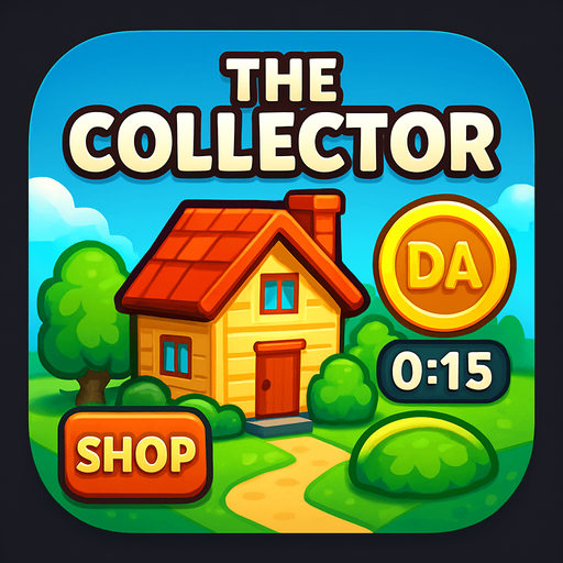 Modern App Store icon, square with rounded corners,  HD colors for a 2d game titled "The Collector" and with the description "about building houses and trees and decorations on a map to make it look like city, which then generate "DA" coins after a countdown timer expires. Players can collect these coins to increase their score, which they can then use to purchase more houses and trees and decorations from the shop button on the middle left side of the screen". with text on the middle top of the banner "the collector"!