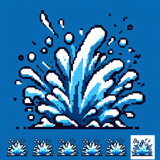 8-bit water splash effect.
Single Game Texture. In-Game asset. 2d. Blank background. High contrast. No shadows.