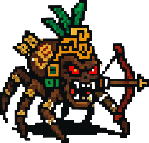 Genérame una Araña guerrero azteca con eso patrones, estilo pixelar, con una apariencia maligna, ojos rojos, rabioso. Unidad a distancia, con un arco o cerbatana. Animal.
In-Game asset.  2d.  High contrast.  No shadows