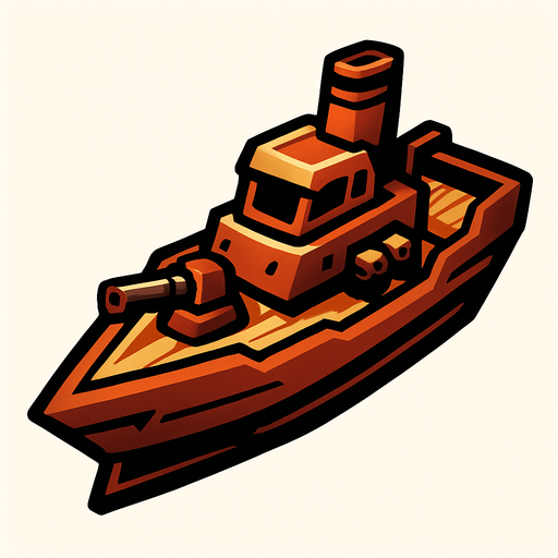 The small warship is fast and agile, designed for quick attacks and evading enemy fire. It has light armor and carries a few small cannons. Its compact size makes it harder to hit but less durable..
In-Game asset.  2d.  High contrast.  No shadows