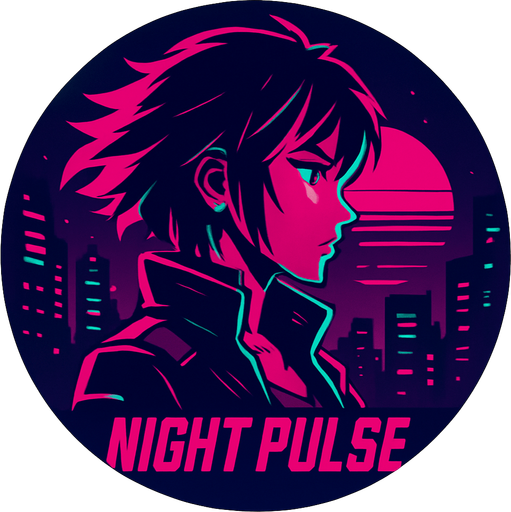 Round shape song cover of cyberpunk anime style with the themed “Night Pulse”.
In-Game asset.  2d.  High contrast.  No shadows