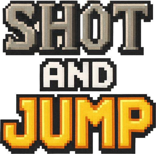 letras hechas con pixeles que dicen shot and jump las letras shot tendran un estilo medieval y tendran un color gris,las letras and color blanco con contorno negro y las letras jump de color amarillo con contorno naranja
