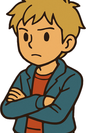 15 yo boy with short scruffy blonde hair professor Layton game style.
In-Game asset.  2d.  High contrast.  No shadows