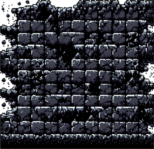 Black stone dungeon wall background. Crumbling top of wall in places.  Slime on bricks. Black holes in walls in places where brick is missing. Infinite repeatable texture for endless scroller. 8 bit pixel art..
Single Game Texture.  In-Game asset.  2d.  Blank background.  High contrast.  No shadows