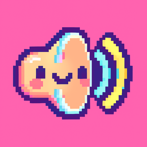 A small and cute pixel art icon representing sound on, designed for a 2D game UI. The icon shows a colorful, rounded speaker with smiling face and small animated sound waves coming out in bright pastel colors like yellow and light blue. The design is chibi and cartoonish, with soft outlines and playful details. It fits the style of a fun, colorful retro arcade game..
In-Game asset.  2d.  High contrast.  No shadows. pixel art. cute. ui icon. colorful. retro style. chibi. cartoonish