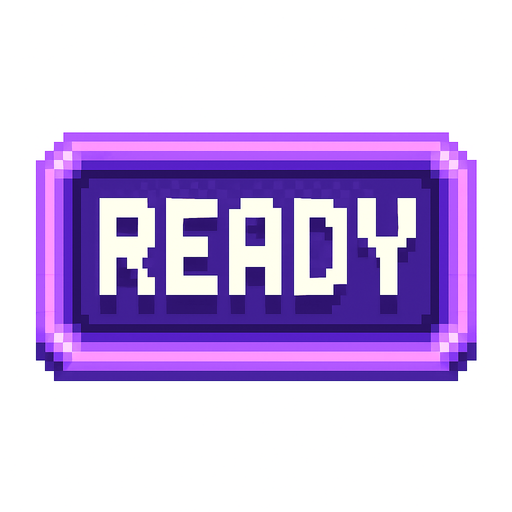 A pixel art button with the word "READY" written in bold, retro pixel font. The button is rectangular with slightly rounded corners, styled in purple and violet tones with a soft glowing border to match a lo-fi rhythm game's aesthetic. The "READY" text is centered, white or light-colored for contrast, with pixel-perfect sharpness. The button has a slightly raised 3D appearance and no background (transparent). Designed for use in a minimalist, neon-themed rhythm game UI..
In-Game asset.  2d.  High contrast.  No shadows