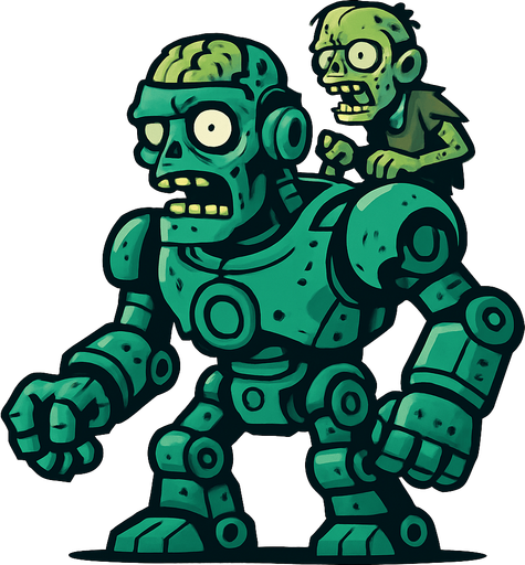 Un zombie robot gigante controlado por otro zombie.
In-Game asset.  2d.  High contrast.  No shadows