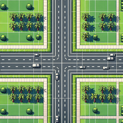 four-lane road with green lawns and palm trees.
Single Game Texture. In-Game asset. 2d. Blank background. High contrast. No shadows.