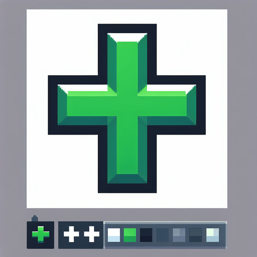 a green cross, icon, pixel style.
Single Game Texture. In-Game asset. 2d. Blank background. High contrast. No shadows.