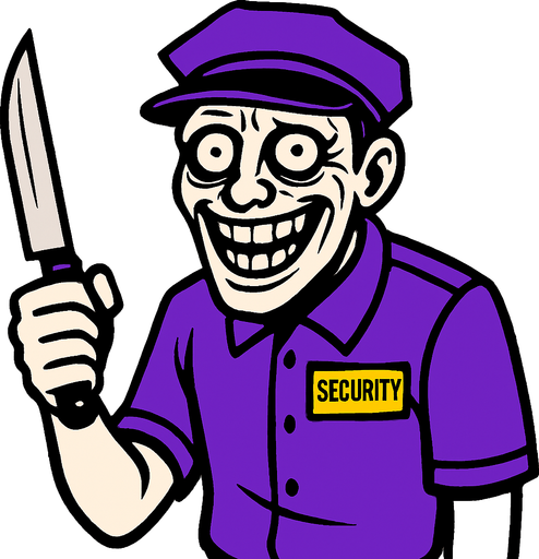 a madman wearing a purple security suit. He looks frightening, you can tell he's crazy by the glazed look in his eyes. he's just smiling with a knife in his hand, but in the glazed look in his eyes there's a little cry for help.
In-Game asset.  2d.  High contrast.  No shadows