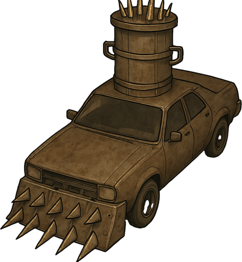 A Mad Max style car will be old and will have a metal spiked plate on the front and will have a top view of the car