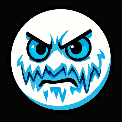 a white circle with blue eyes and an icy face.
In-Game asset.  2d.  High contrast.  No shadows