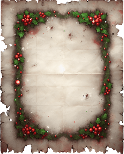 a simple eerie christmas blank dirty ripped paper. Use christmas colors. Do not put text, just the dirty ripped paper so i can fill it myself with text.
Single Game Texture. In-Game asset. 2d. Blank background. High contrast. No shadows. No text.
