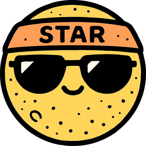 una luna redondita kawai con lentes de sol, en su frente lleva una sinta que dice STAR.
In-Game asset.  2d.  High contrast.  No shadows