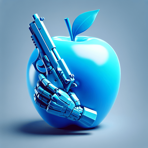 a blue apple with a gun.
In-Game asset. Blank background. High contrast.