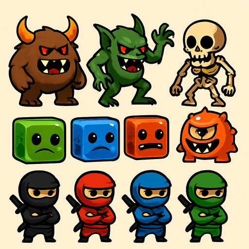 pack of different enemies for ninja game, monsters, slimes cubes monsters, ninjas with different colors each..
In-Game asset.  2d.  High contrast.  No shadows