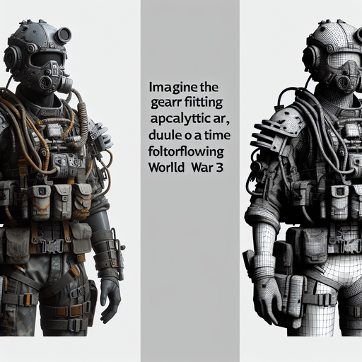 A humans who traveled through time came from World War 3.
Single Game Texture. In-Game asset. 2d. Blank background. High contrast. No shadows.