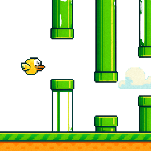 Fullscreen modern App Store landscape banner, 16:9, high definition, for a game titled "Flappy Flight" and with the description "Guide a bird through gaps in pipes by tapping to flap and avoid obstacles. Score points for each successful pass.". No text on banner! pixel