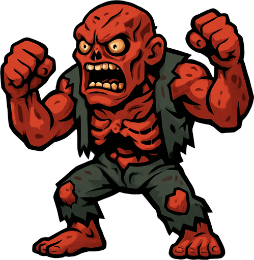 Giant boss angry reddish zombie. 2D..
In-Game asset.  2d.  High contrast.  No shadows