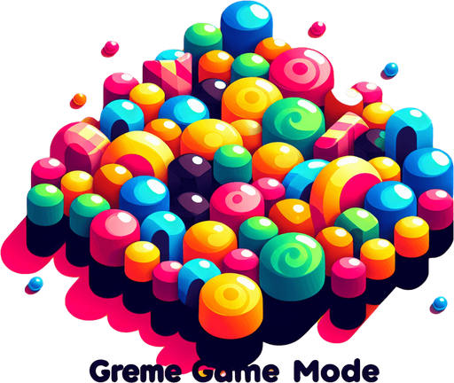 scritta game mode con sfondo caramelle.
Single Game Texture. In-Game asset. 2d. Blank background. High contrast. No shadows.